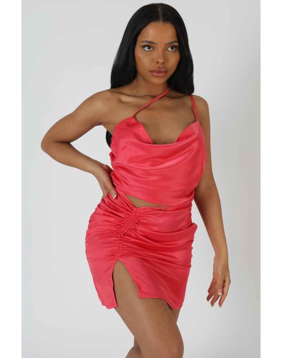Ruched Side Strappy Waist Satin Dress Dark Coral