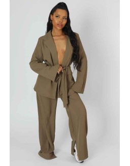 Split Hem Wide Leg Tailored Trousers Khaki