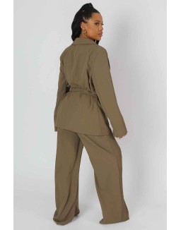Split Hem Wide Leg Tailored Trousers Khaki