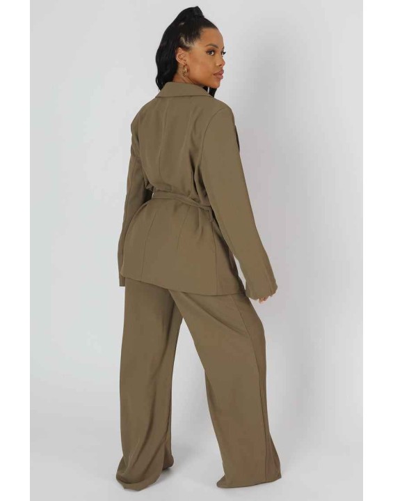 Split Hem Wide Leg Tailored Trousers Khaki
