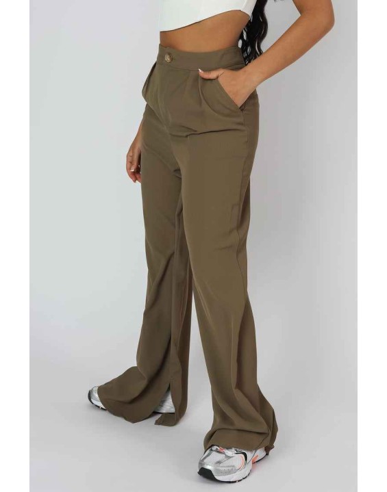 Split Hem Wide Leg Tailored Trousers Khaki