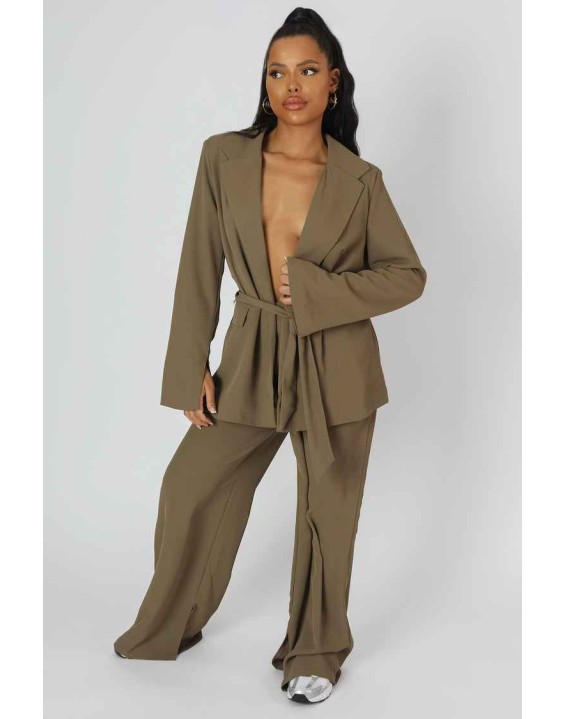 Split Hem Wide Leg Tailored Trousers Khaki