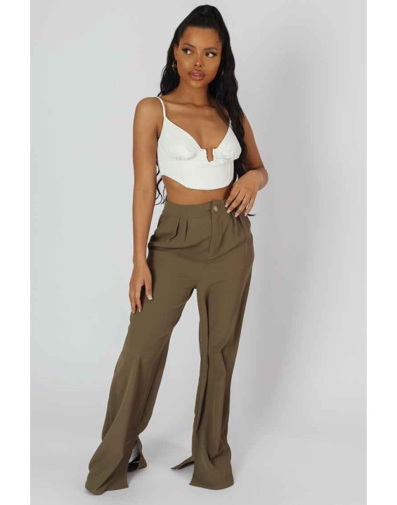 Split Hem Wide Leg Tailored Trousers Khaki