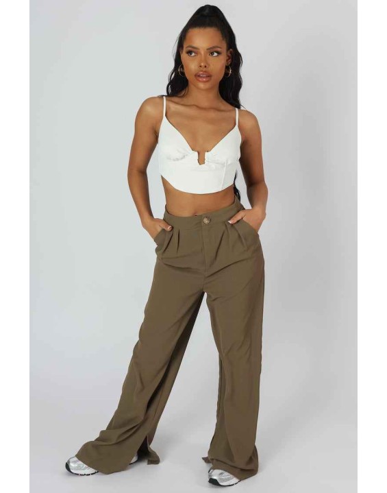 Split Hem Wide Leg Tailored Trousers Khaki