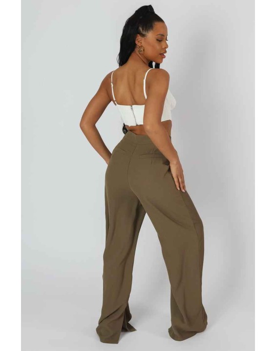 Split Hem Wide Leg Tailored Trousers Khaki
