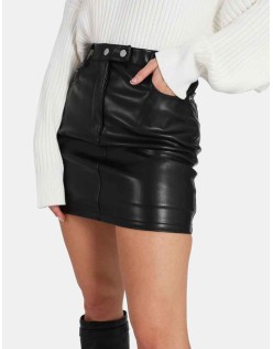 Button Waist Pu Mini Skirt Black