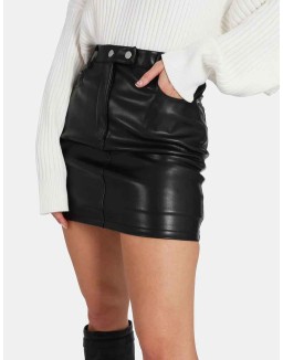 Button Waist Pu Mini Skirt Black