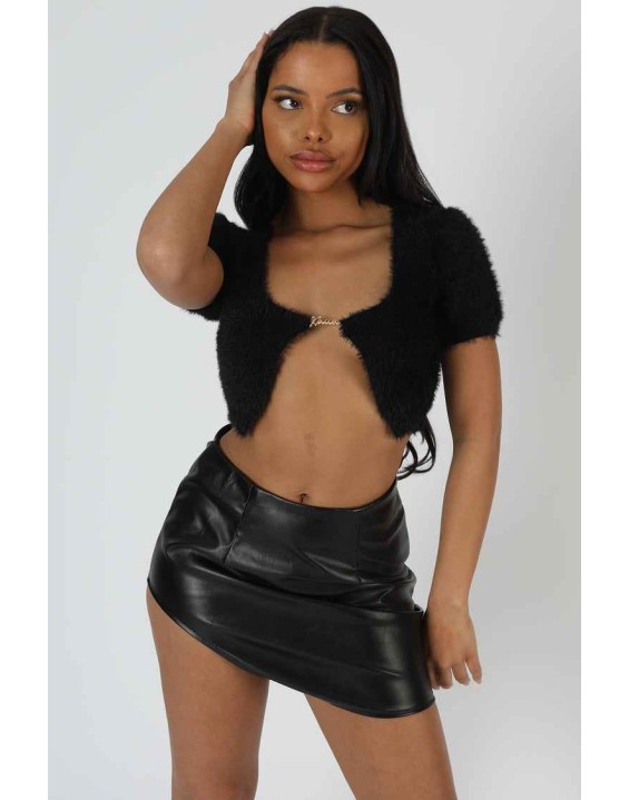 Kaiia Trim Fluffy Knit Top Black