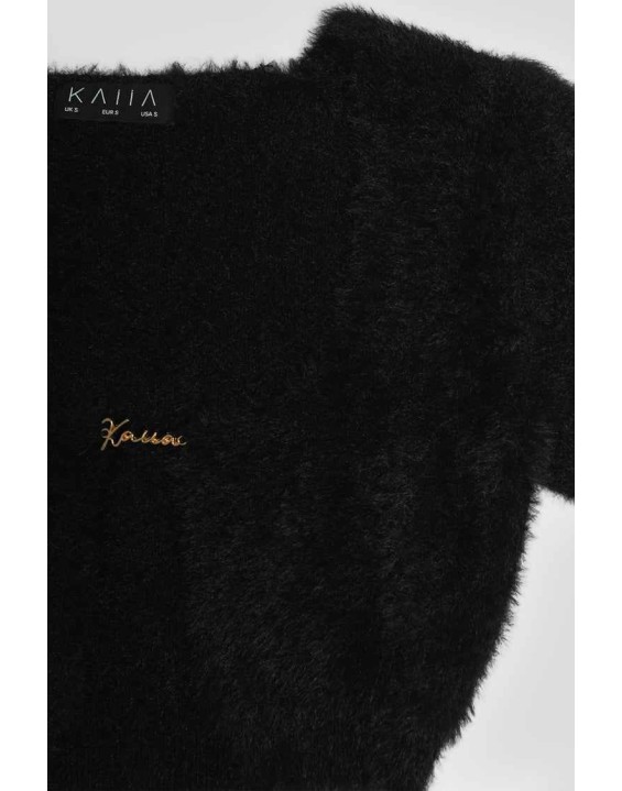Kaiia Trim Fluffy Knit Top Black