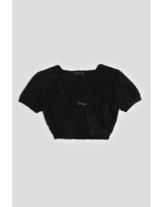 Kaiia Trim Fluffy Knit Top Black