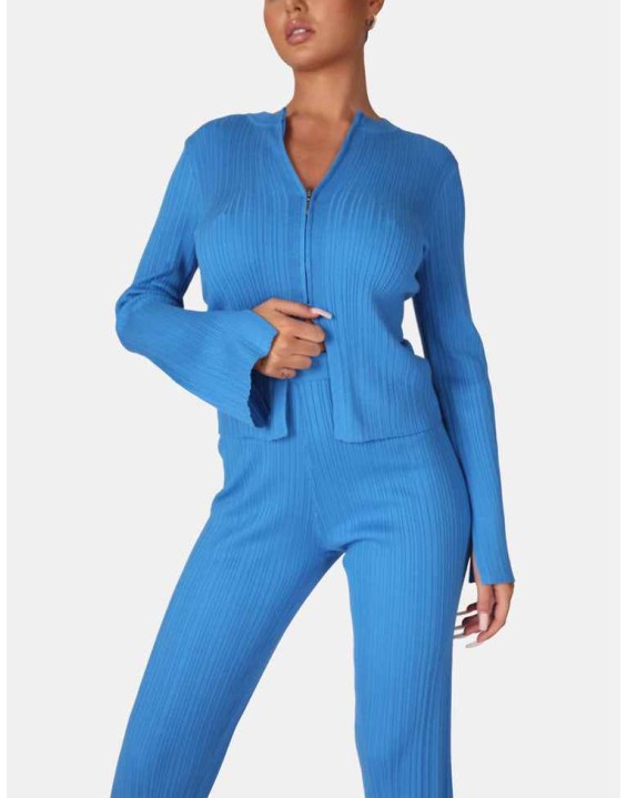 Knitted Zip Front Top Blue