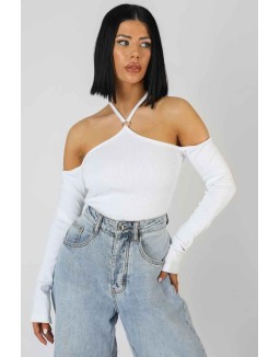 Halterneck Ring Detail Bodysuit Ecru