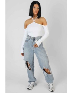 Halterneck Ring Detail Bodysuit Ecru