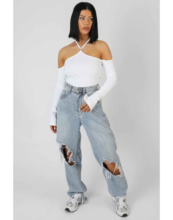 Halterneck Ring Detail Bodysuit Ecru