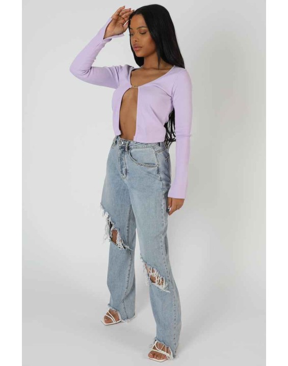 Kaiia Trim Ribbed Top Lilac