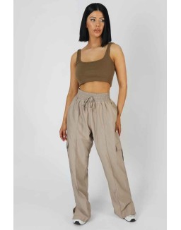 Square Neck Ribbed Crop Top Khaki