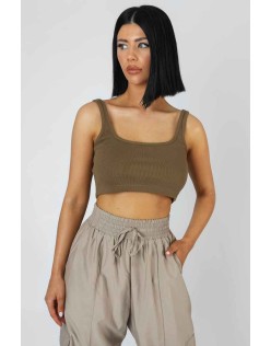 Square Neck Ribbed Crop Top Khaki