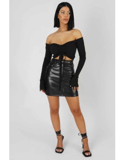 Ruched Front Bardot Ribbed Top Black
