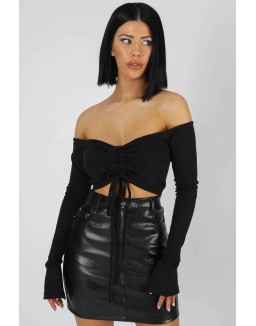 Ruched Front Bardot Ribbed Top Black