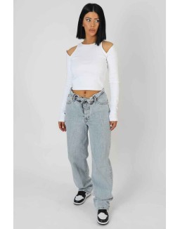 Cut Out Shoulder Top Ecru
