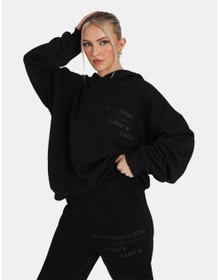 Oversized Text Detail Hoodie Black