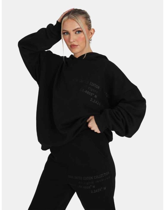 Oversized Text Detail Hoodie Black