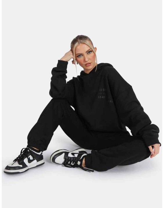 Oversized Text Detail Hoodie Black