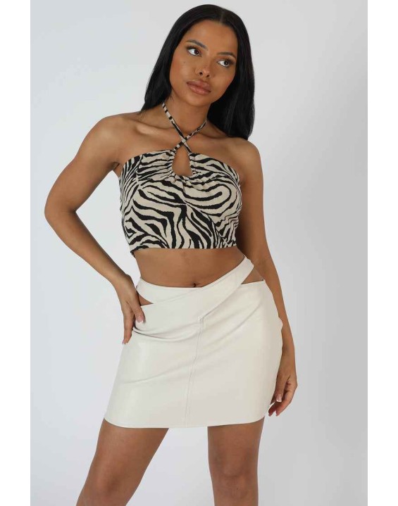 Zebra Print Stappy U Trim Crop Top Stone