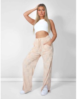 Wide Leg Split Hem Checkerboard Towelling Joggers Sand