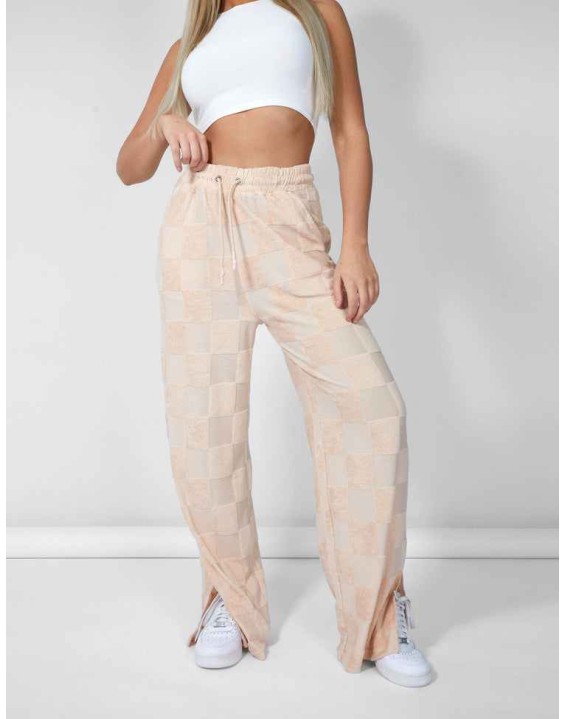 Wide Leg Split Hem Checkerboard Towelling Joggers Sand
