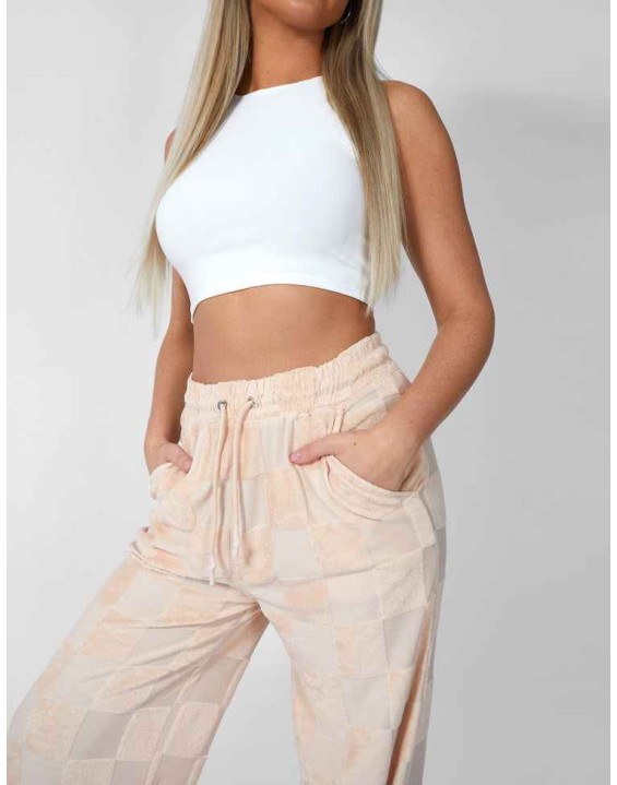 Wide Leg Split Hem Checkerboard Towelling Joggers Sand