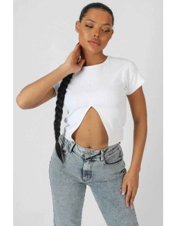 Split Front Ribbed T-Shirt White
