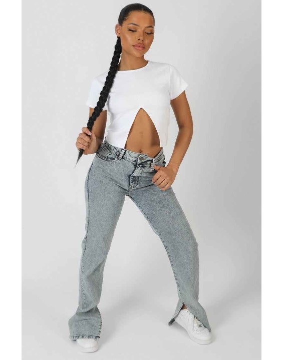 Split Front Ribbed T-Shirt White