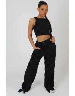 Wide Leg Split Hem Checkerboard Towelling Joggers Black