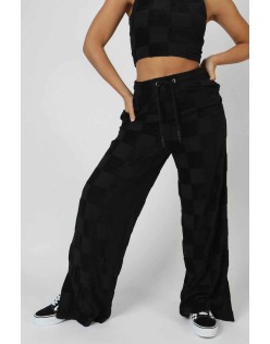 Wide Leg Split Hem Checkerboard Towelling Joggers Black