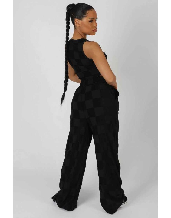 Wide Leg Split Hem Checkerboard Towelling Joggers Black