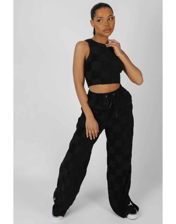 Wide Leg Split Hem Checkerboard Towelling Joggers Black