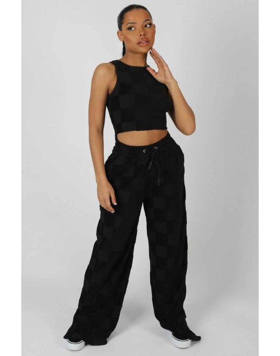 Wide Leg Split Hem Checkerboard Towelling Joggers Black