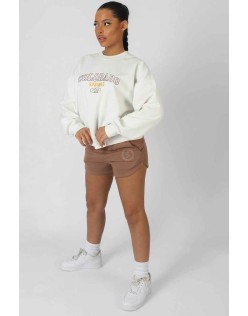 Embroidered Curved Hem Runner Short Tan