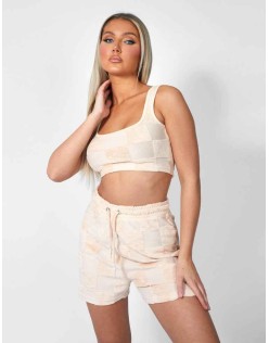 Checkerboard Towelling Scoop Neck Top Sand