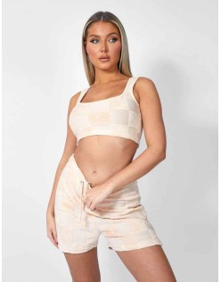 Checkerboard Towelling Scoop Neck Top Sand