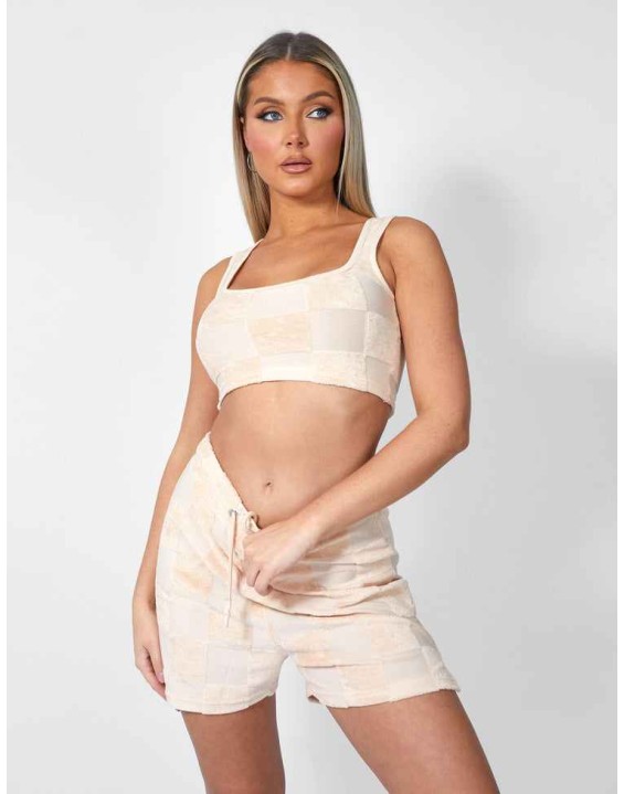 Checkerboard Towelling Scoop Neck Top Sand