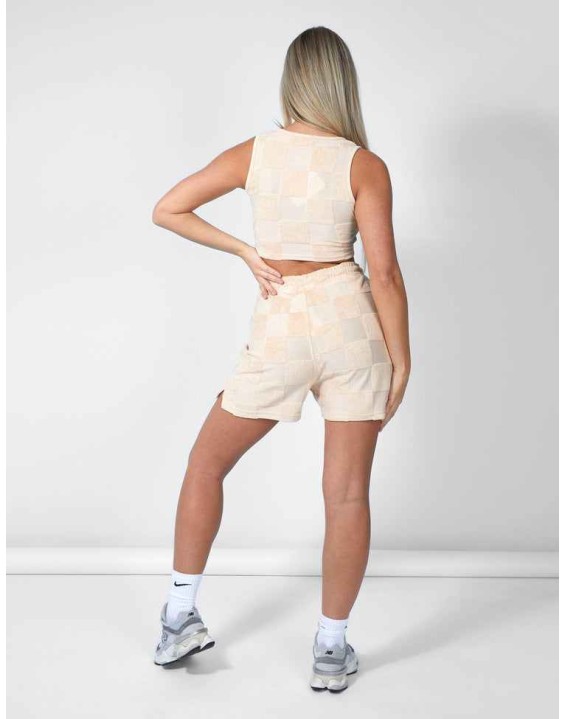 Checkerboard Towelling Scoop Neck Top Sand