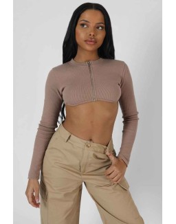 Zip Through Underbust Ribbed Top Sand