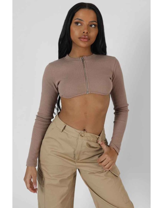 Zip Through Underbust Ribbed Top Sand