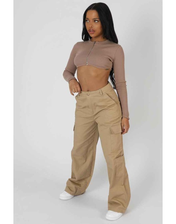 Zip Through Underbust Ribbed Top Sand