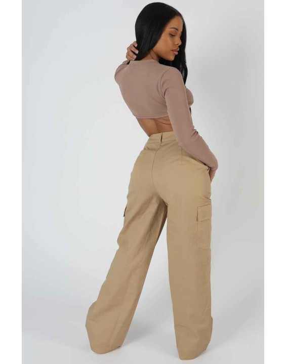 Zip Through Underbust Ribbed Top Sand
