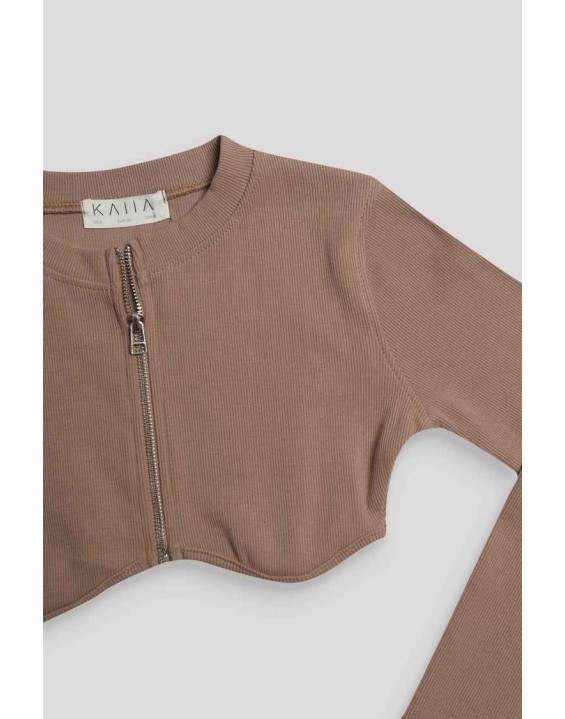 Zip Through Underbust Ribbed Top Sand