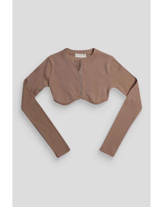 Zip Through Underbust Ribbed Top Sand