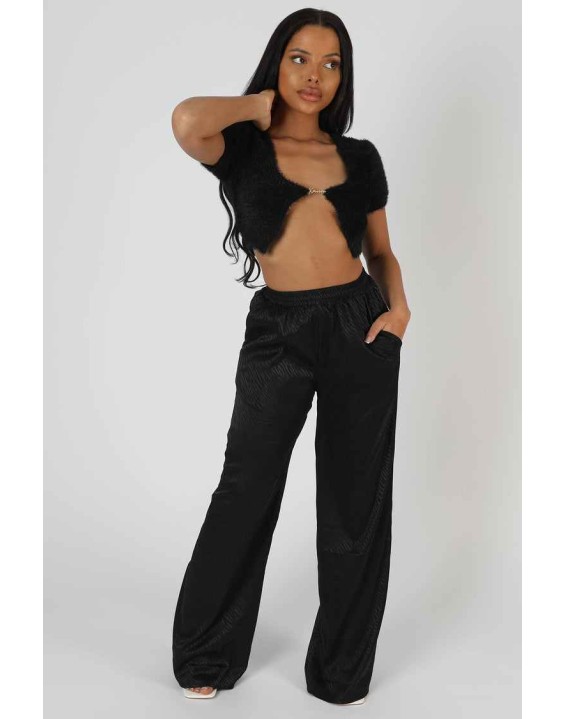 Satin Zebra Print Wide Leg Trousers Black